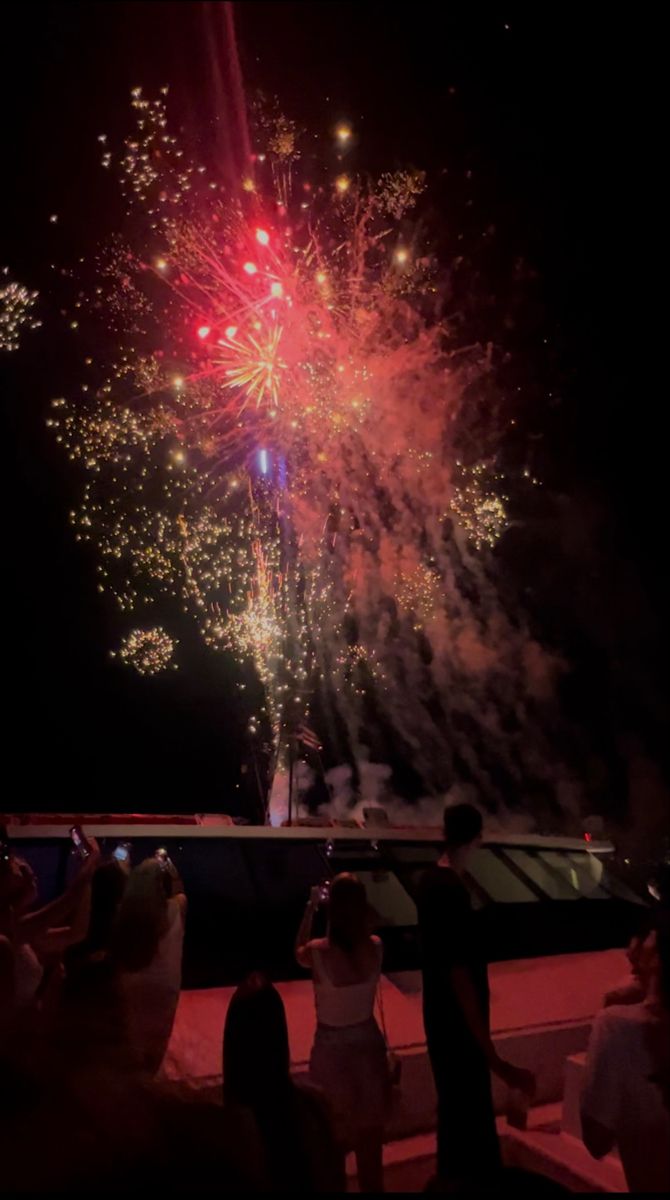 fireworks are lit up in the night sky with people looking at them and taking pictures