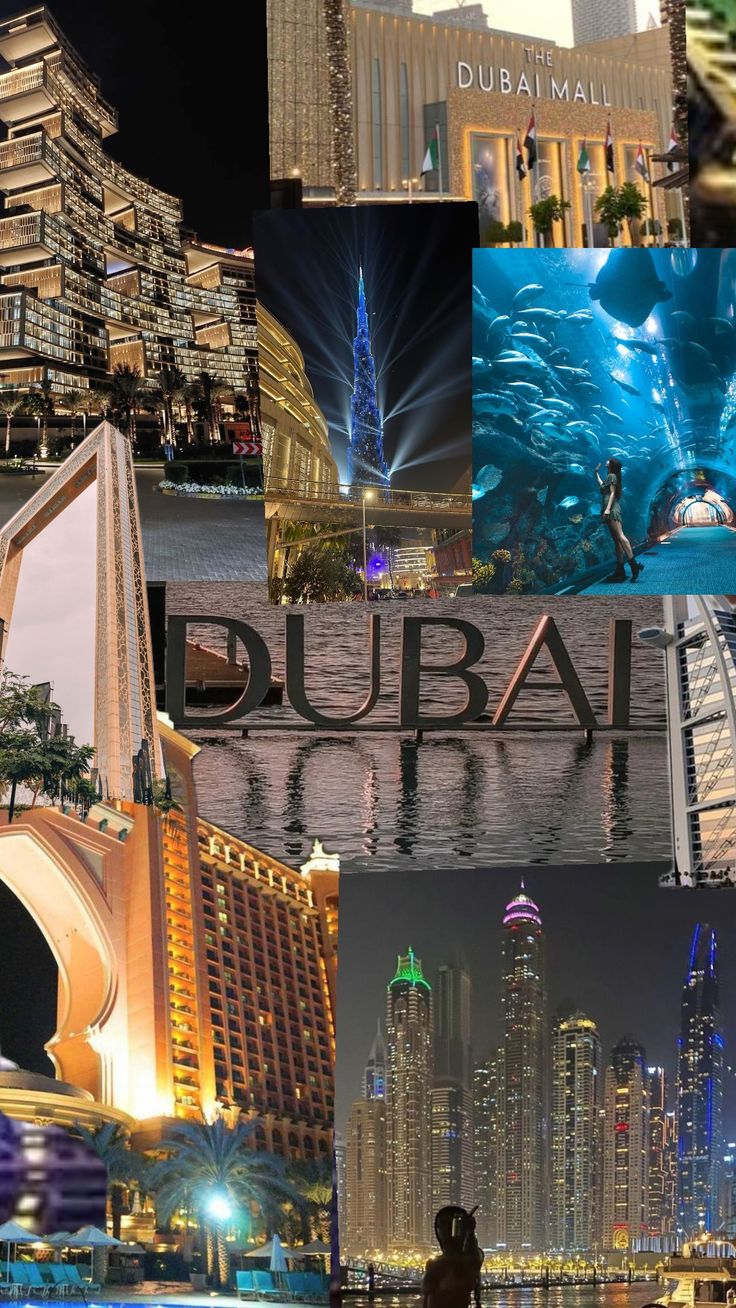 a collage of images with the word dubai written in different languages and pictures of skyscrapers