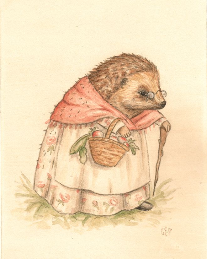 a drawing of a hedge in a dress with a basket on it's back