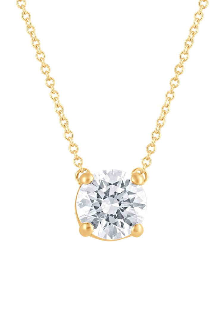 A fine 14-karat gold setting gives a glistening finish to a stunning, lab-created diamond pendant necklace. Total lab-created-diamond weight: 2.5 ct. Clarity: VSSI Color: G+ 14K white, rose or yellow gold/lab-created diamond Imported Diamond Guide Yellow Gold Diamond Necklace With Large Pendant For Gift, Macy's Yellow Gold Diamond Cut Necklace, Hallmarked Yellow Gold Diamond Pendant Necklace, Macy's Round Diamond-cut Necklace, Yellow Gold Jewelry With Diamond Accents, Round Pendant, Diamond Guide, Diamond Pendant Necklace, Luxury Gifts, Lab Created Diamonds