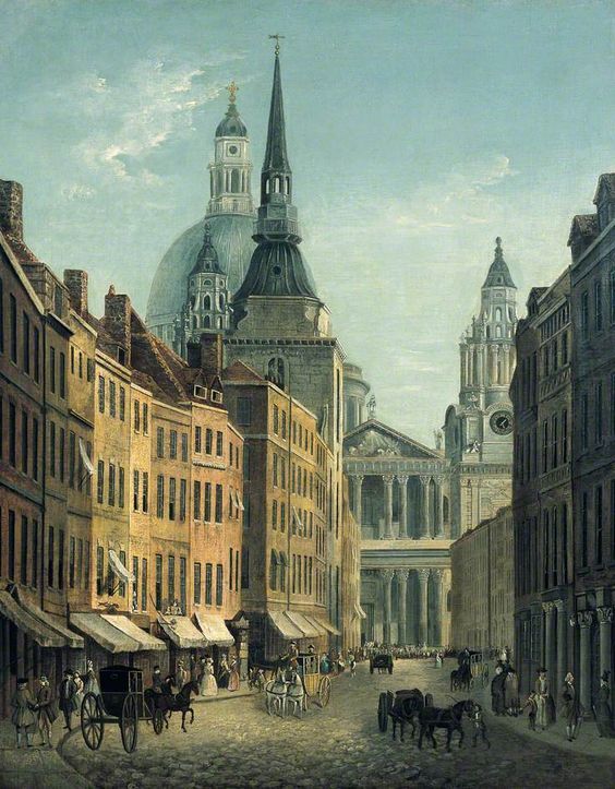 a painting of an old city street with horse drawn carriages