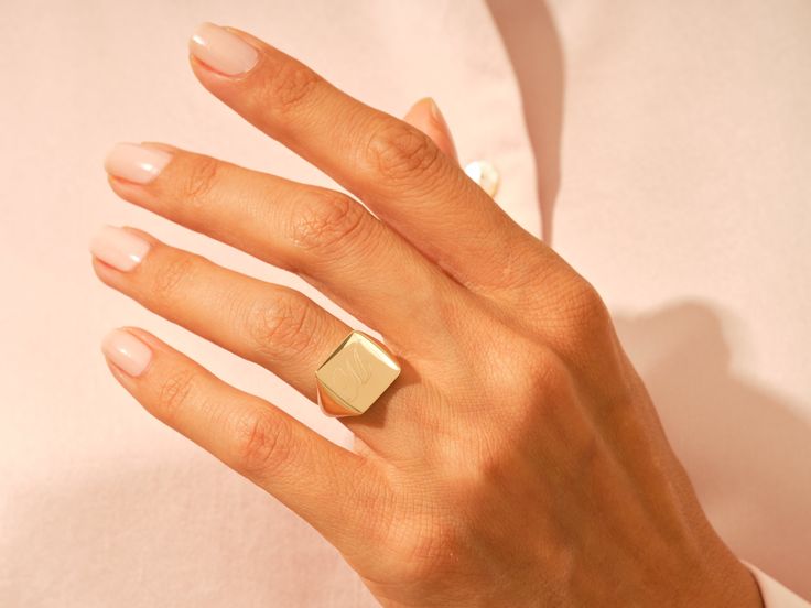 Our Personalized Gold Square Signet Ring is made from solid 14k or 18k gold, making it a timeless way to pass down family traditions across generations. Initials can be selected from an extensive list of options, and any symbols or designs can be added for that extra personal touch. Features Available Materials: 10k, 14k, 18k GoldAvailable Colors: Yellow, White, RoseAvailable Sizes: 6 mm, 8 mm, 11 mm, 13 mmReady to Ship: 3-5 Business Day Timeless Engraved Ring With Polished Edges For Gift, Timeless Engraved Ring With Polished Edges As Gift, Everyday Rose Gold 14k Stamped Signet Ring, Luxury Gold Signet Ring For Everyday Wear, Everyday Luxury 14k Gold Signet Ring, Luxury Rings With Polished Edges As Gift, Gold Luxury Engraved Ring, Rose Gold Timeless Signet Ring For Everyday, Luxury Yellow Gold Dome Ring For Everyday