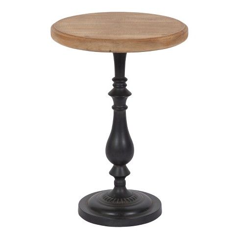 a small wooden table with black legs and a wood top on an isolated white background