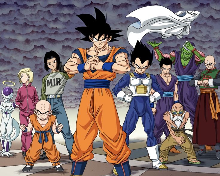 a group of cartoon characters standing in front of an image of gohan and others