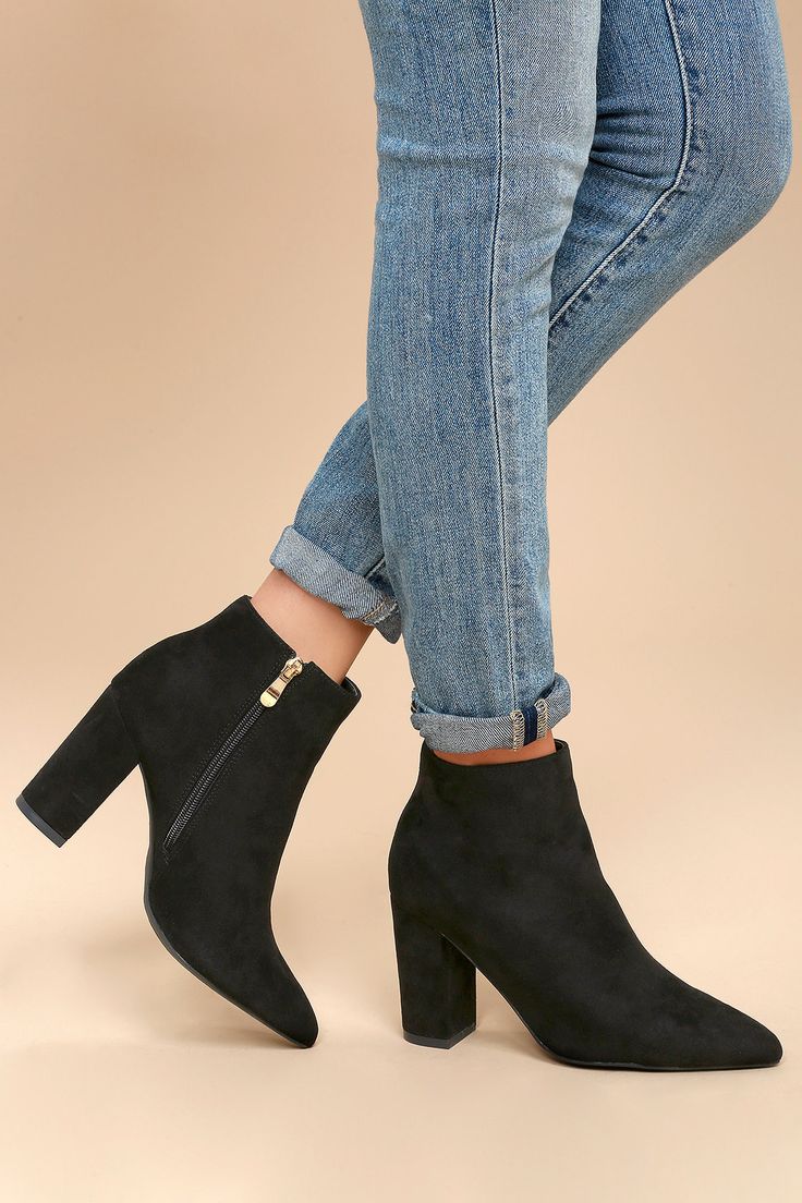 Chic Black Suede Booties - High Heel Booties - Ankle Booties Fall Suede Boots With 4-inch Heel, Suede Boots With Stacked Heel For Party, Party Suede Boots With Stacked Heel, Suede High Ankle Heeled Boots For Party, Suede Block Heel Boots For Party, Party Suede Heeled Boots With Block Heel, Suede Block-heeled Boots For Party, Trendy High Ankle Suede Heels, Suede Boots With 4-inch Heel Pointed Toe