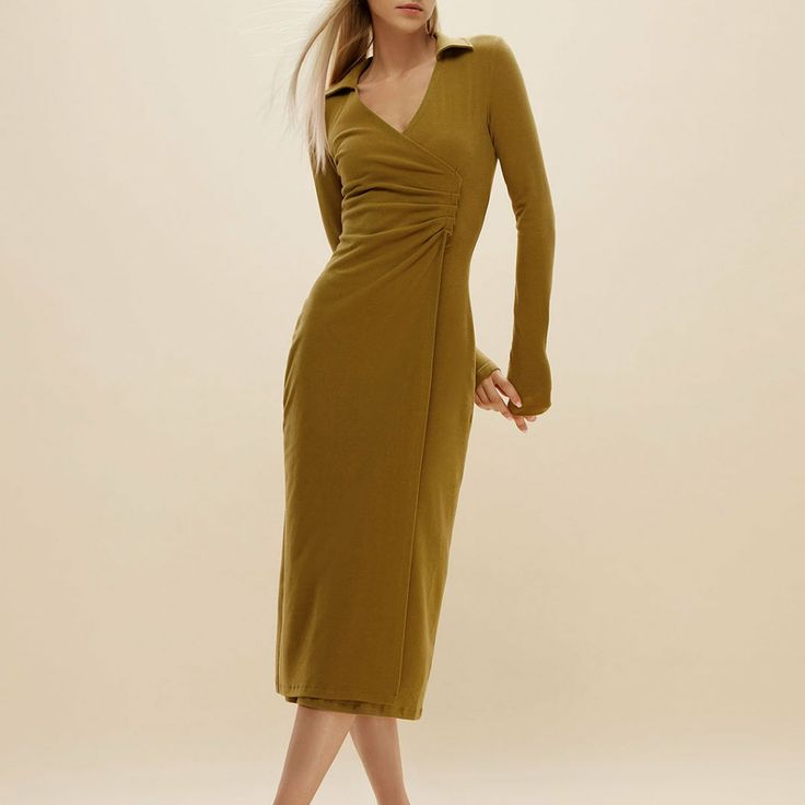 This New With Tags, Never Worn Midi Dress Is Designed With A Low V-Neck, Long Sleeves, Featuring A Gathered Front To Flatteringly Define Your Figure. The Fabric Is Soooooo Soft And Anti-Pilling And Anti-Static. Super Elastic, Zero Limit. Feel Soft And Comfortable, Warm And Constant Temperature. Its In A Beautiful, Chartreuse Color. Cotton 46% ;Viscose 46%;Spandex 8% Still In The Packaging! Yellow Fitted V-neck Bodycon Dress, Fitted Yellow V-neck Bodycon Dress, Olive Fitted V-neck Dress, Yellow Stretch Midi Dress For Fall, Yellow Ruched V-neck Midi Dress, Yellow Bodycon Dress For Fall, Fitted Yellow V-neck Midi Dress, Chartreuse Color, Hoodie Sweater Dress