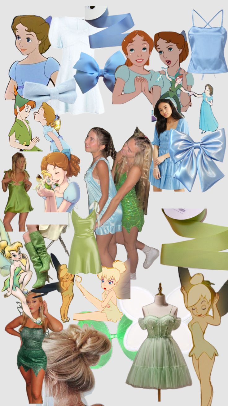 the collage shows many different images of women in green and blue dresses with bows on their heads