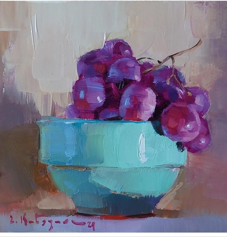 a painting of purple flowers in a blue bowl