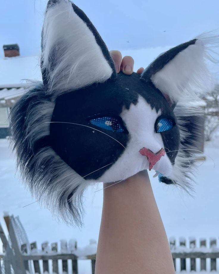 a hand holding up a black and white cat's head with blue eyes in the snow