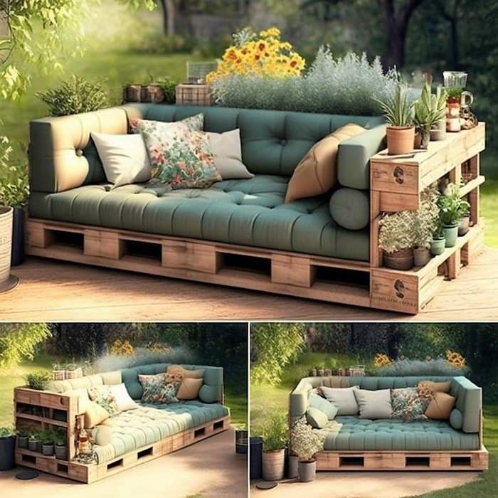 a couch made out of wooden pallets with plants on the top and below it