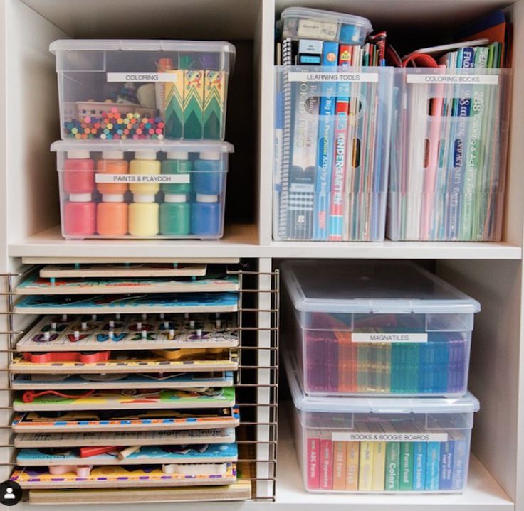 the shelves are organized with craft supplies such as crayons, markers and pencils