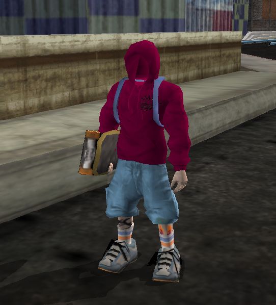 a person in a red hoodie holding a skateboard and wearing blue pants, standing next to a building