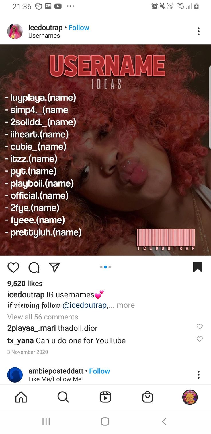 an instagram page with the name username ideas on it and a photo of a woman's face