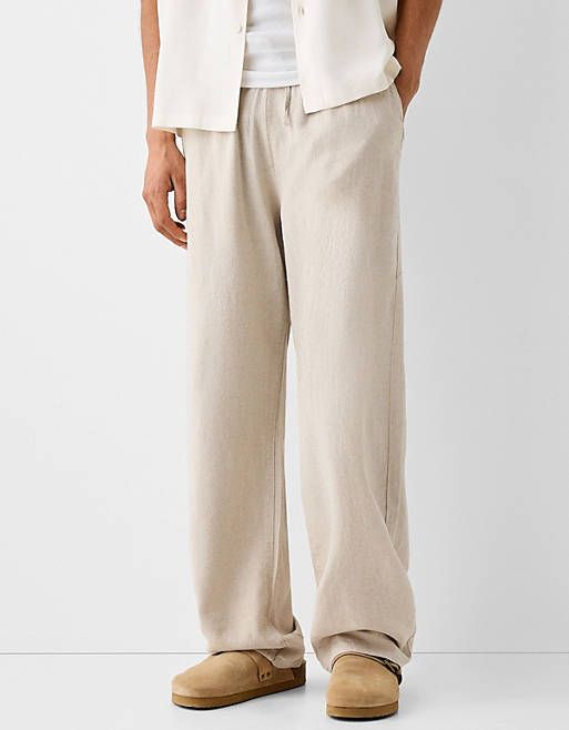 Bershka linen mix wide leg pants in sand | ASOS Beige Linen Bottoms With Relaxed Fit, Casual Flax Color Straight Pants, Beige Wide Leg Cotton Pants With Straight Hem, Beige Cotton Wide Leg Pants With Straight Hem, Casual Flax Wide Leg Cotton Pants, Casual Linen Pants With Pockets, Casual Flax Cotton Wide Leg Pants, Casual Neutral Wide Leg Cotton Pants, Baggy Flax Bottoms For Summer