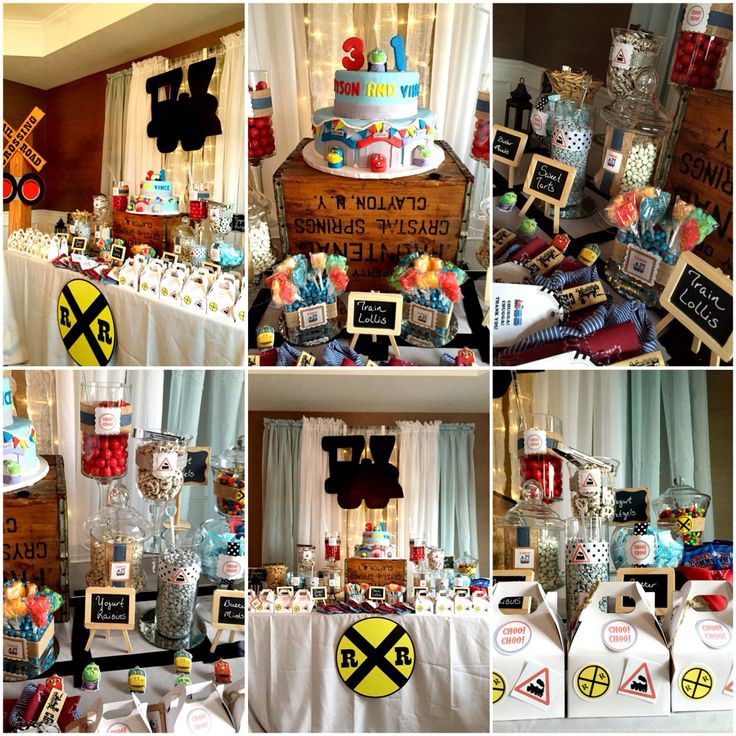 a collage of pictures with various items on display at a birthday party or baby shower