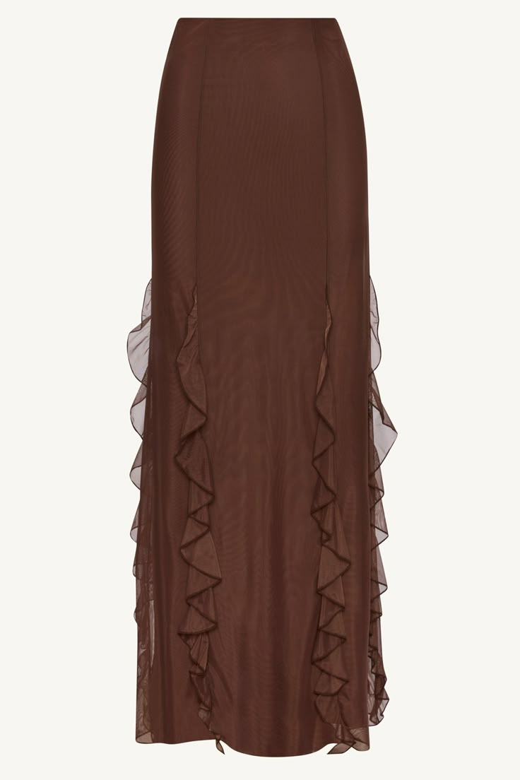 Indulge in the exquisite elegance of the Adriana Waterfall Mesh Maxi Skirt in Brown. Crafted from delicate mesh fabric, this skirt features a cascading waterfall ruffle detail and flattering princess seams. Perfect for making a sophisticated statement at any event or occasion. Model is 5'7" and is wearing size S/44". Please note this garment runs tight. We kindly recommend choosing one size up from your usual size. Cute Skirt Long, Luxury Tiered Skirt Midi Dress For Daywear, Elegant Summer Draped Skirt With Ruffles, Elegant Summer Draped Ruffled Skirt, Elegant Draped Skirt With Ruffles For Summer, Elegant Draped Ruffled Skirt For Summer, Elegant Ruffled Draped Skirt For Summer, Elegant Party Skirt With Layered Hem, Elegant Fitted Skirt With Layered Hem