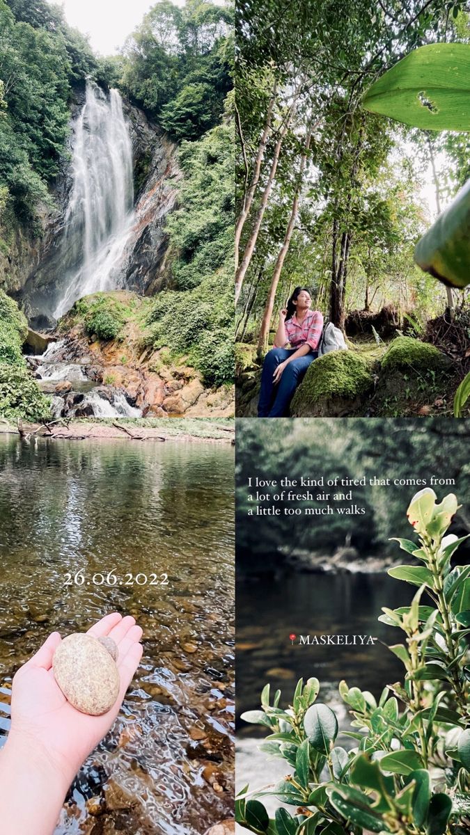 a person holding a rock in their hand near a waterfall and some trees with leaves