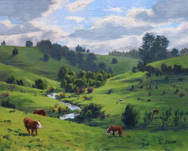 a painting of cows grazing in a green pasture