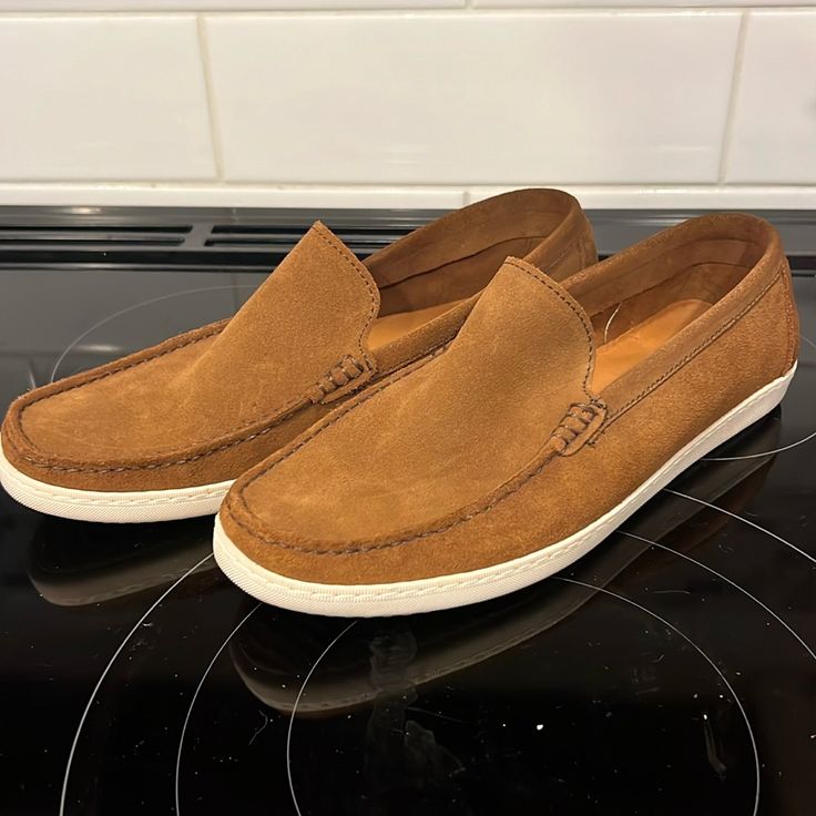 Brown Suede Slip On Shoes Similar To A Moccasin Brand New Besides Being Worn One Time European Size 43 Brown Suede Slip-on Boat Shoes, Casual Suede Slip-ons With Suede Lining, Casual Brown Leather Slip-ons, Brown Suede Moc Toe Slip-ons, Casual Brown Slip-ons With Textured Sole, Casual Low-top Loafers With Suede Lining, Casual Suede Lined Almond Toe Slip-ons, Casual Suede-lined Almond Toe Slip-ons, Casual Almond Toe Slip-ons With Suede Lining