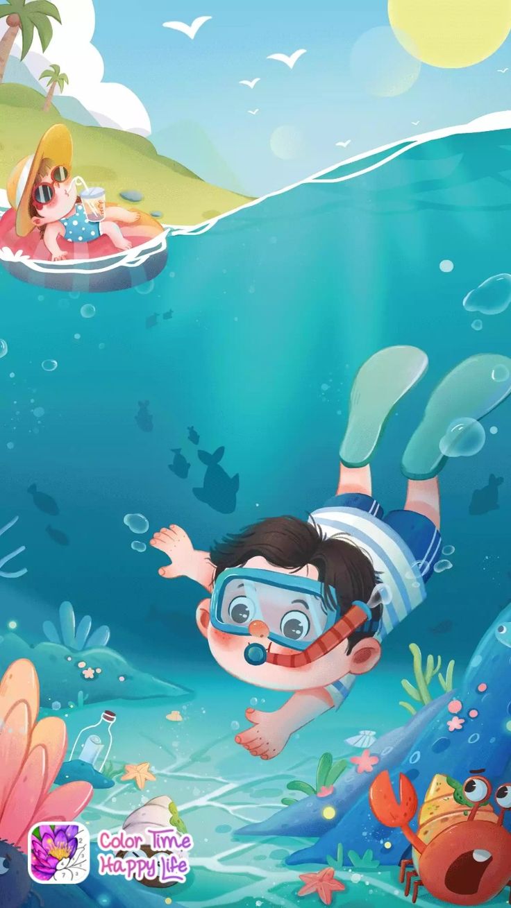 a cartoon boy swimming in the ocean