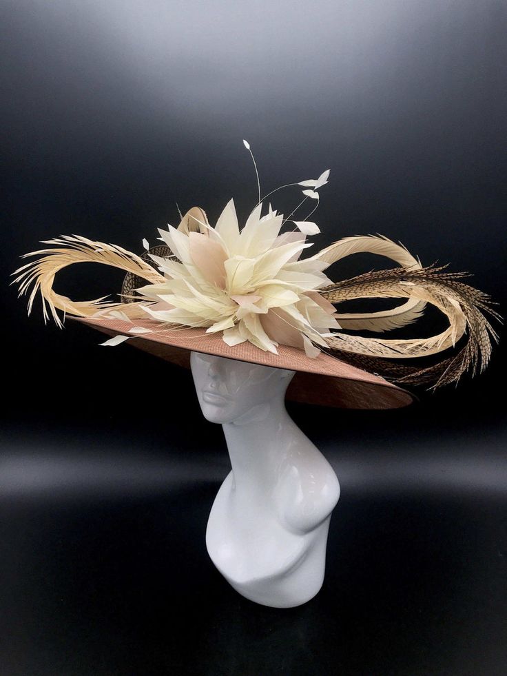 Custom Kentucky Derby hat - you pick the style you like! This style consists of a sinamay hat base, father flower, and a pheasant feather bow. Elegant Hat Bands One Size Fits Most, Fitted Hat For Fashion Events In Spring, Luxury Fitted Brown Hat, Fitted Brown Hat For Kentucky Derby, Fitted Brown Boater Hat For Kentucky Derby, Elegant Brown Fedora For Kentucky Derby, Chic Brown Boater Hat For Kentucky Derby, Chic Fitted Top Hat With High Crown, Kentucky Derby Fascinator Hat For Fashion Events