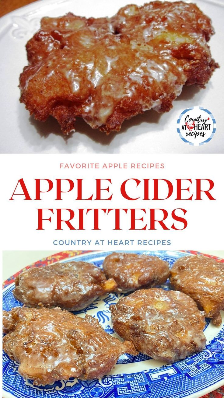 an advertisement for apple cider fritters on a plate