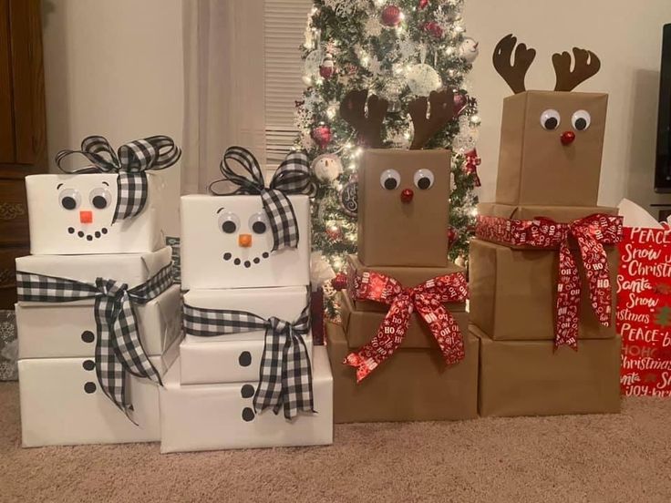 several presents are wrapped in brown paper and decorated with reindeer faces, bows, and snowmen