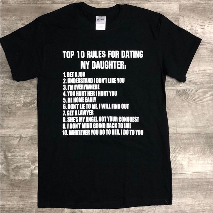 Gildan Graphic Tee “Top 10 Rules For Dating My Daughter” New Without Tags Size Small 100% Cotton 236-240 Black Print Graphic Tee With Short Sleeves, Black Print Short Sleeve Graphic Tee, Black Print Cotton Crew Neck Top, Black Letter Print Short Sleeve Top, Black Print Screen Printed Short Sleeve Tops, Black Print Short Sleeve Top With Screen Print, Fitted Black Slogan Shirt, Black Fitted Slogan Shirt, Cotton Tops With Black Screen Print