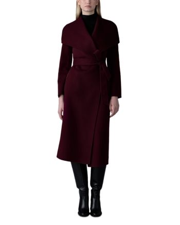 Trans-seasonal and perfect for layering, the Mai Mackage wool coat is handmade, unlined, and features an elegant waterfall collar, leather welt pockets, and a sash belt for a cinched silhouette and effortless style. Elegant Pea Coat With Belted Cuffs For Fall, Elegant Fall Pea Coat With Belted Cuffs, Evening Wool Coat With Lapel Collar For Fall, Elegant Fall Wool Coat With Self Belt, Chic Formal Wool Coat With Shawl Collar, Chic Formal Wool Coat With Self Belt, Elegant Fitted Pea Coat With Belted Cuffs, Elegant Long Coat With Self Belt, Formal Fall Pea Coat With Belted Cuffs