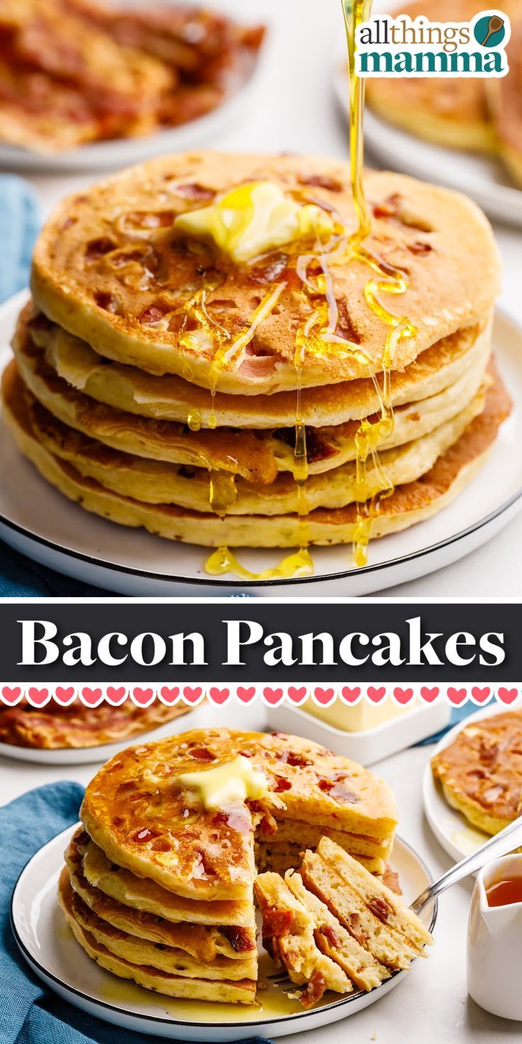 syrup pouring on a stack of five Bacon Pancakes served on a white round plate. Maple Bacon Pancakes, Fluffy Buttermilk Pancakes, Fresh Juice Recipes, Bacon Pancakes, Buttermilk Pancakes Fluffy, Main Course Meals, Breakfast Meat, Pancakes And Bacon, Easy Breakfasts