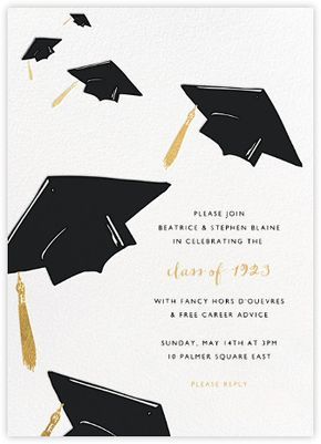 graduation caps and tassels are flying in the air on white paper with gold foil