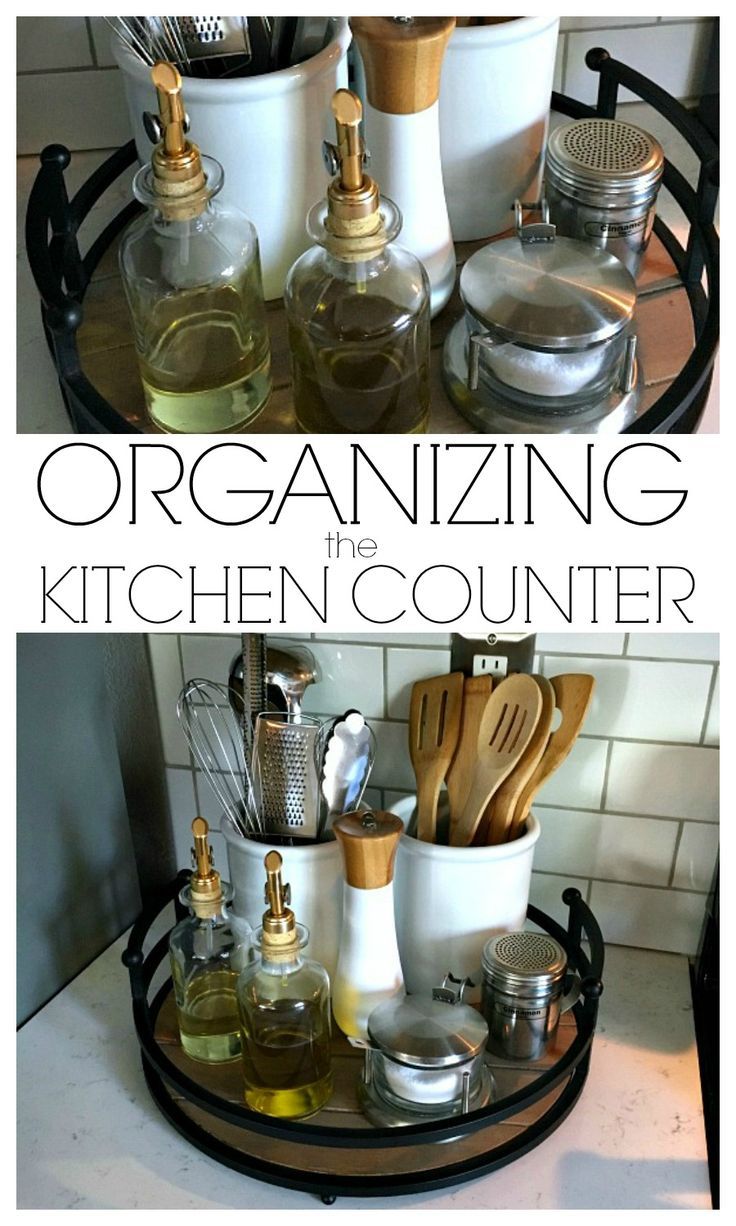 an image of a kitchen counter with utensils on it and the words organizing kitchen counter