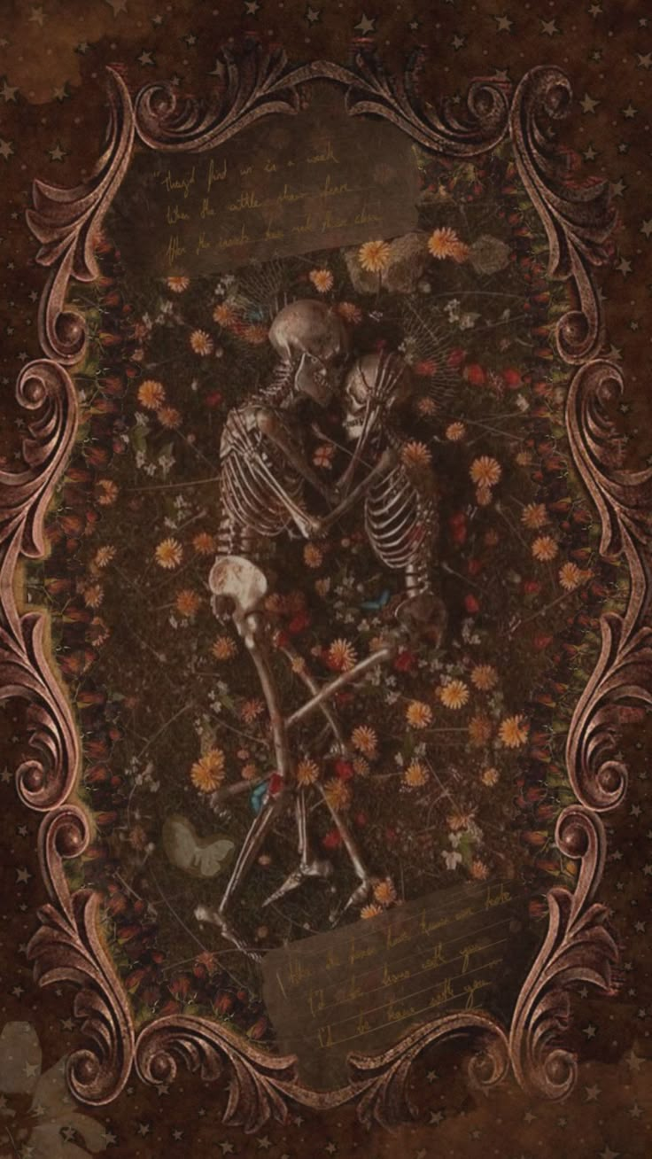 a painting of two skeletons with flowers in the background