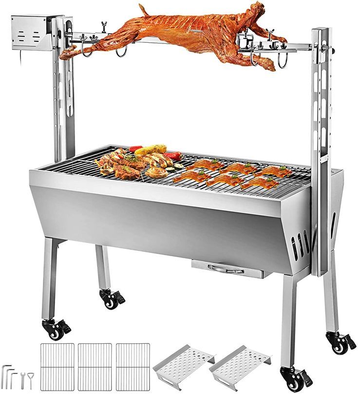 an image of a dog jumping over the grill with food on it's side