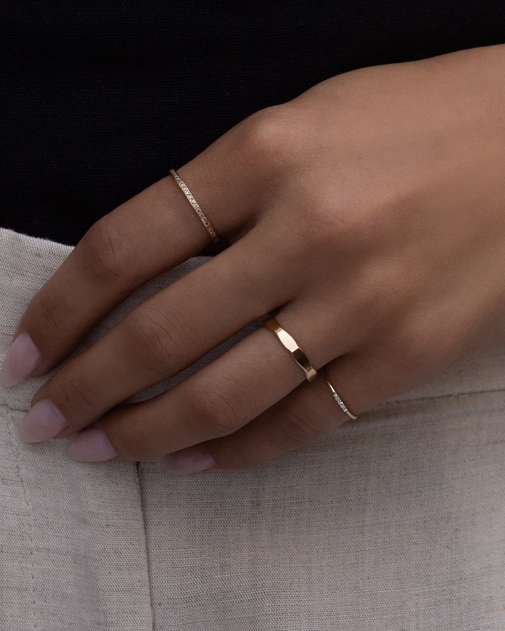 The perfect pinky ring. Dainty yet durable, this piece is stunning. Beautiful by itself, even better in a stack. Solid 14k gold. 5 Natural bright white diamonds. Custom made to order, final sale. Please allow 5-8 business days for production. Also available in 14k rose gold, email info@belladaar.com to order. Cute Dainty Rings, Barbie Sets, Dainty Rings, Hair Cuffs, Chain Anklet, Ring Dainty, Pinky Ring, Dainty Ring, White Diamonds