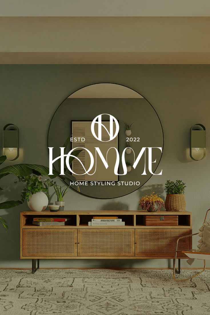 a living room scene with the words home on it's wall and an oval mirror