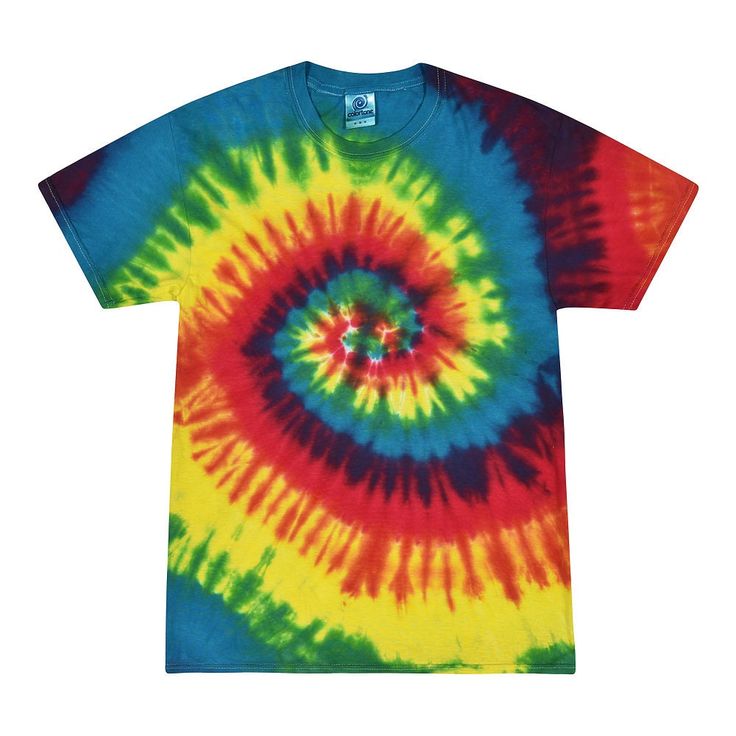 a colorful tie - dyed t - shirt is shown on a white background