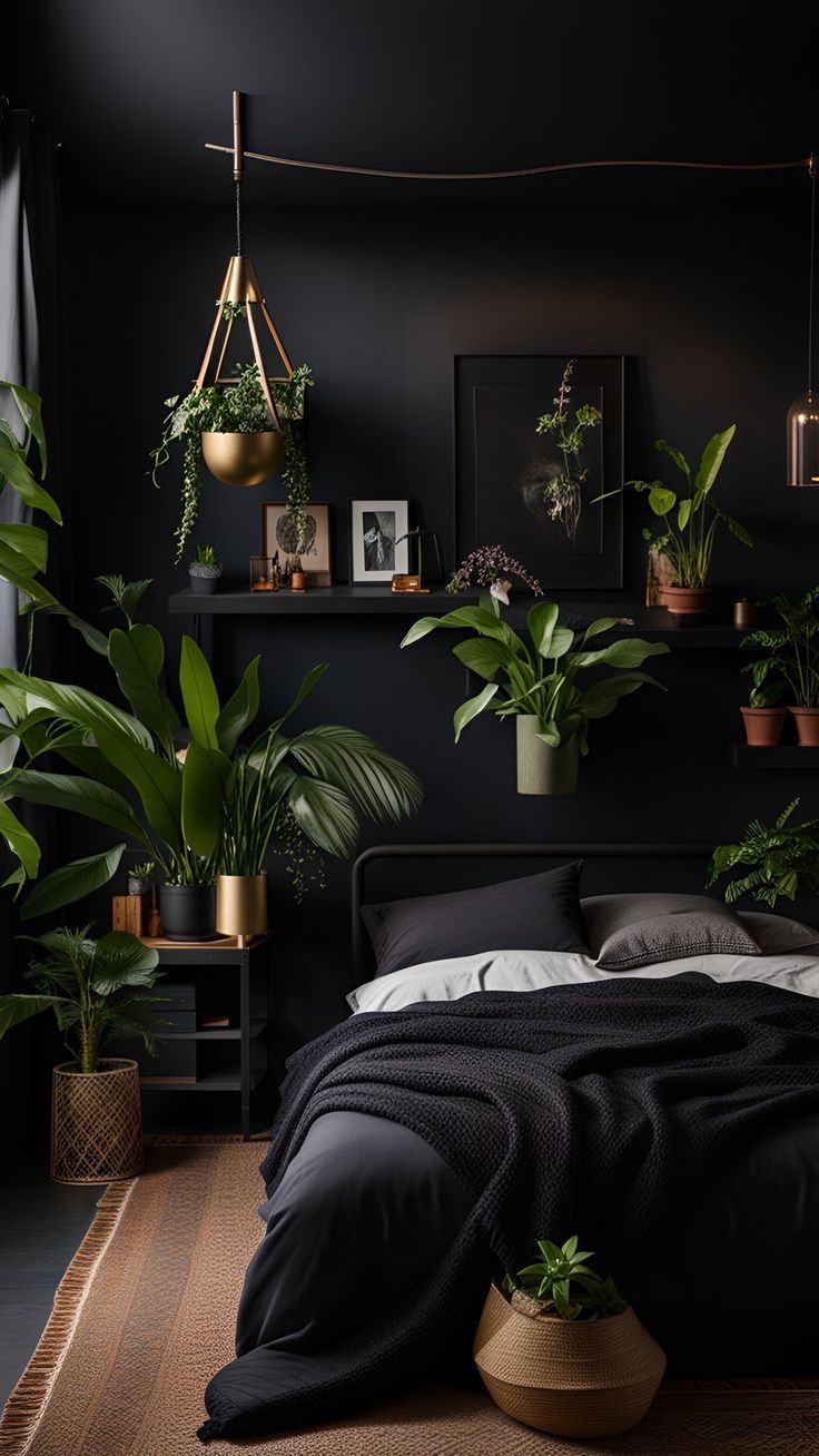 a bedroom with black walls and lots of potted plants