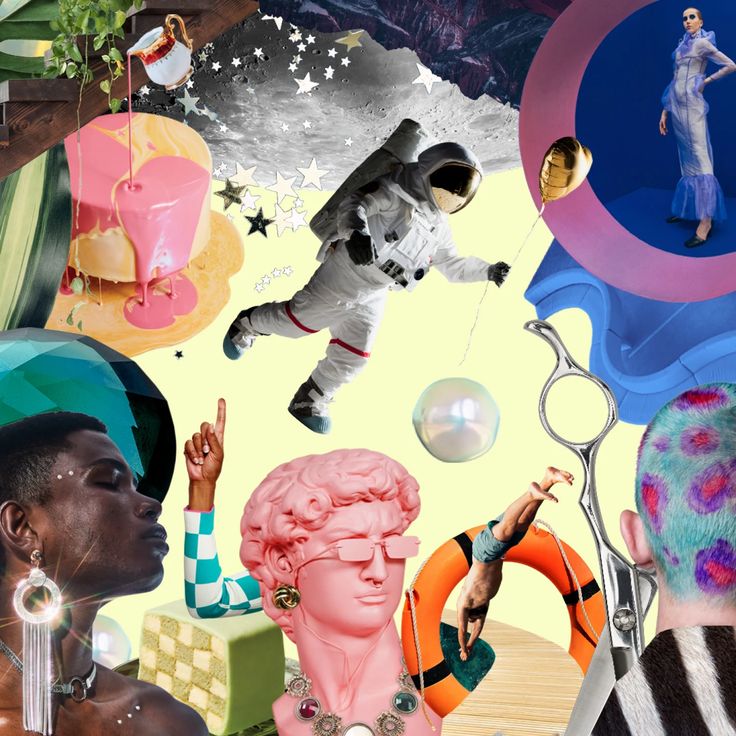 collage of images with woman, man and other things in the sky above them