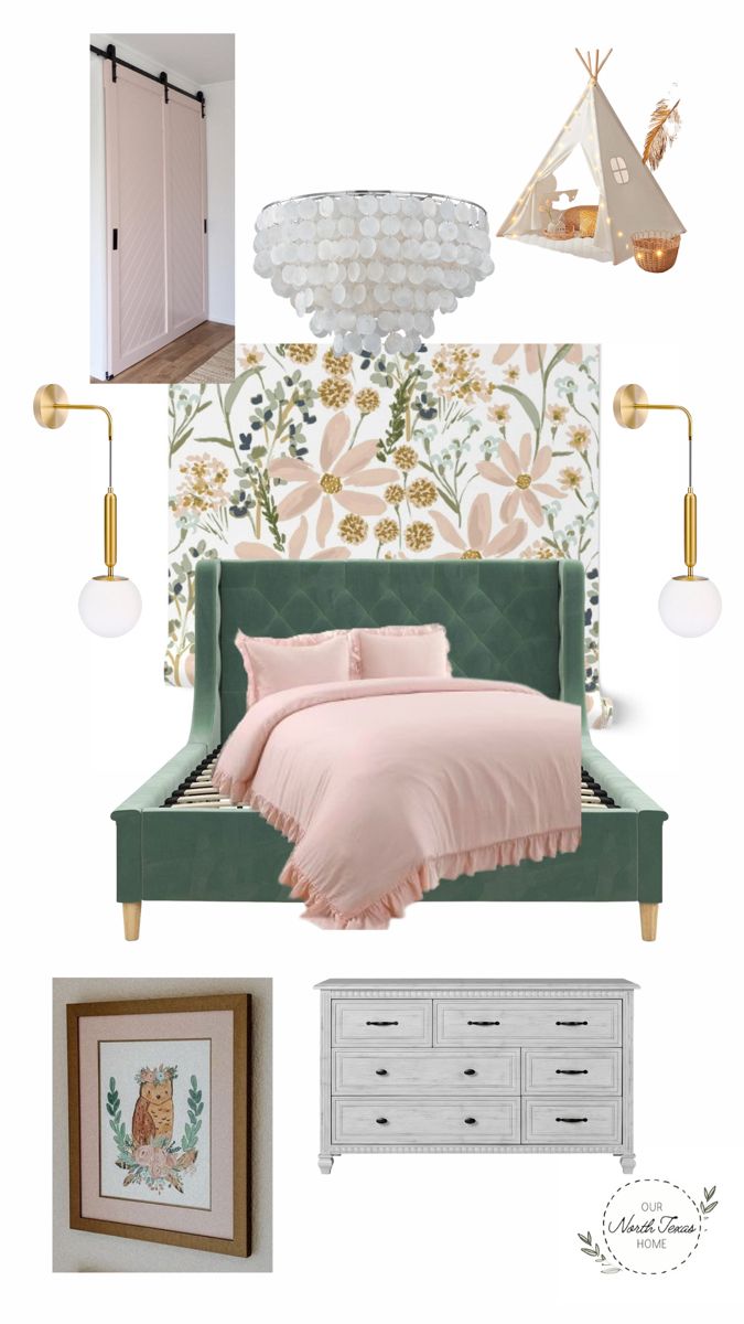 a bedroom with pink and green decor, including a bed, dresser, lamp, mirror and other items