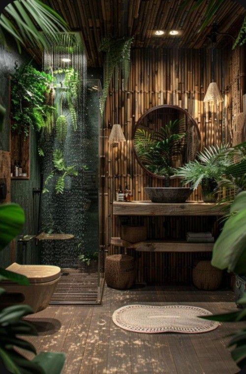 the bathroom is decorated in bamboo and has plants growing on the walls, along with a round mirror