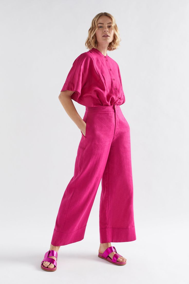 Anneli Light Wide Leg Linen Pant Model Angled Front | BRIGHT PINK Linen Pant, Simple Tees, Cuff Detail, Perfect Wardrobe, Wide Leg Pant, Wide Cuff, French Linen, Linen Pants, Best Seller