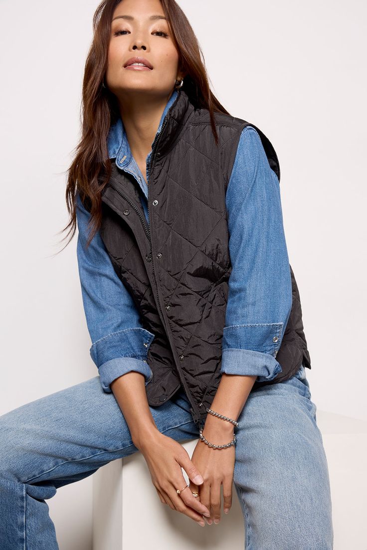 The Cooper vest by EVEREVE is the perfect transitional layer, crafted in quilted nylon with side pockets, a stand collar, and front zipper and snap closures. Pair with any fall-forward look from sweaters to button-downs. | EVEREVE Women's Cooper Quilted Vest, Size XS, Black Quilted Nylon Vest For Fall, Casual Nylon Vest For Workwear, Black Quilted Nylon Vest, Quilted Black Nylon Vest, Sleeveless Quilted Black Outerwear, Fall Nylon Vest For Layering, Nylon Vest For Layering In Fall, Fall Layering Nylon Vest, Quilted Vest For Workwear In Fall