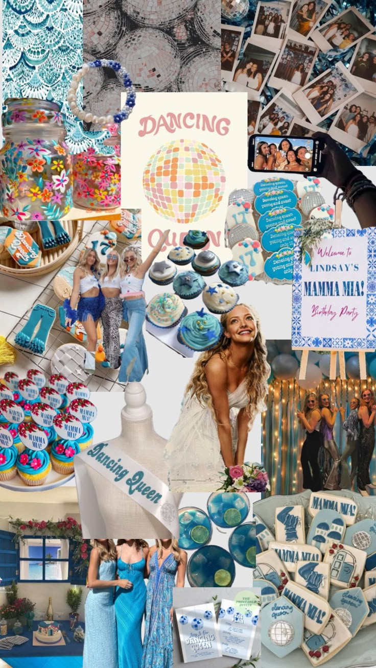 the collage shows many different things in blue and white, including cupcakes