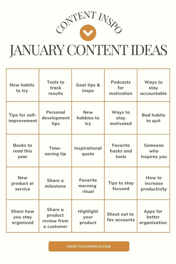 the content info calendar for january is shown in gold and white, with text that reads content info january content ideas