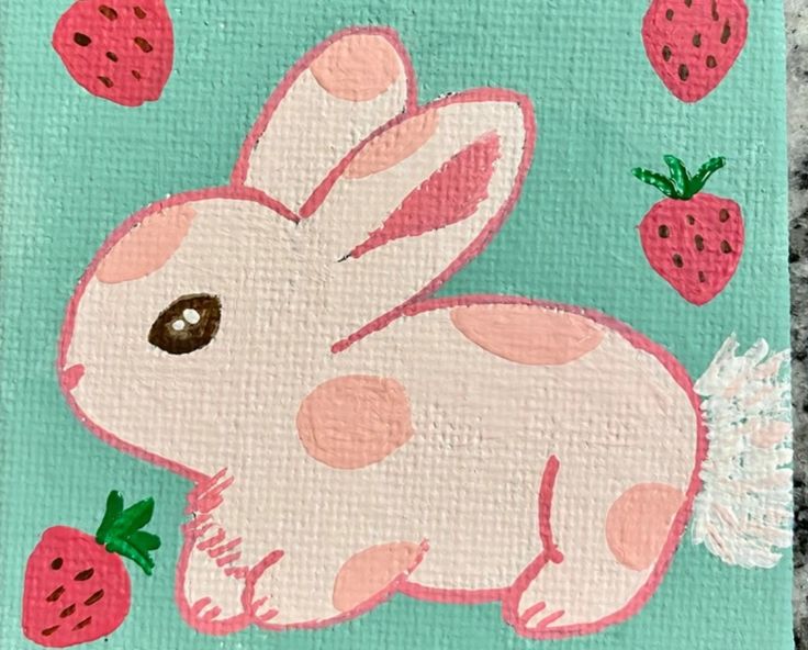 a painting of a bunny with strawberries on the ground