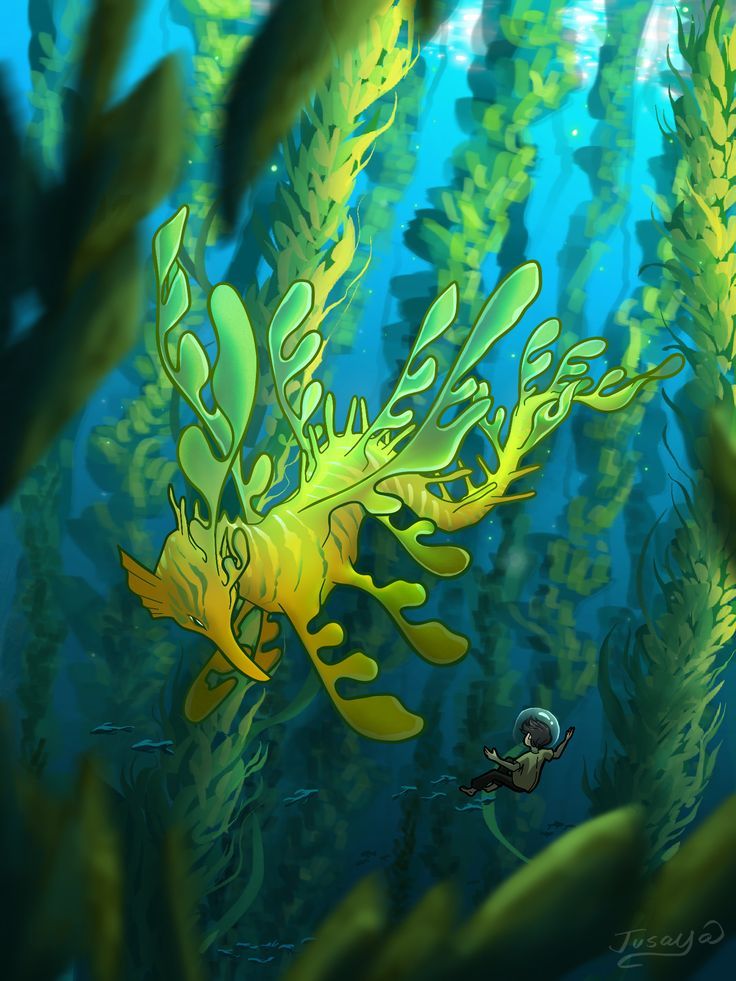 an underwater scene with seaweed and a yellow fish