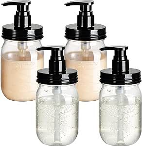 four mason jars with soap dispensers in them