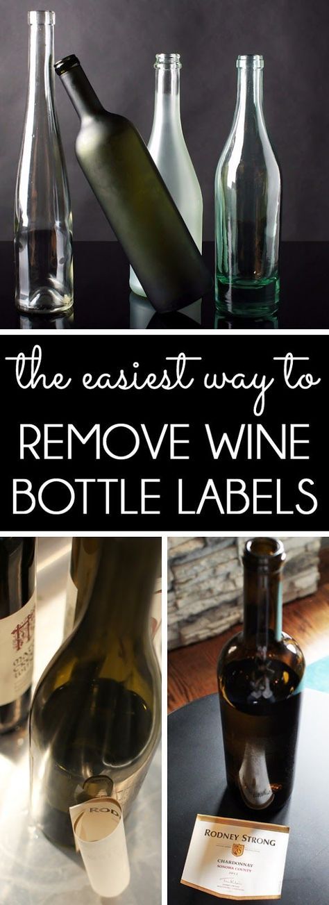 bottles with labels on them sitting on a table next to each other and the words remove wine bottle labels