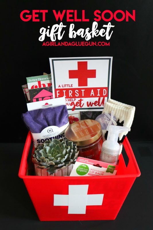 a red basket filled with personal care items and the words get well soon gift basket